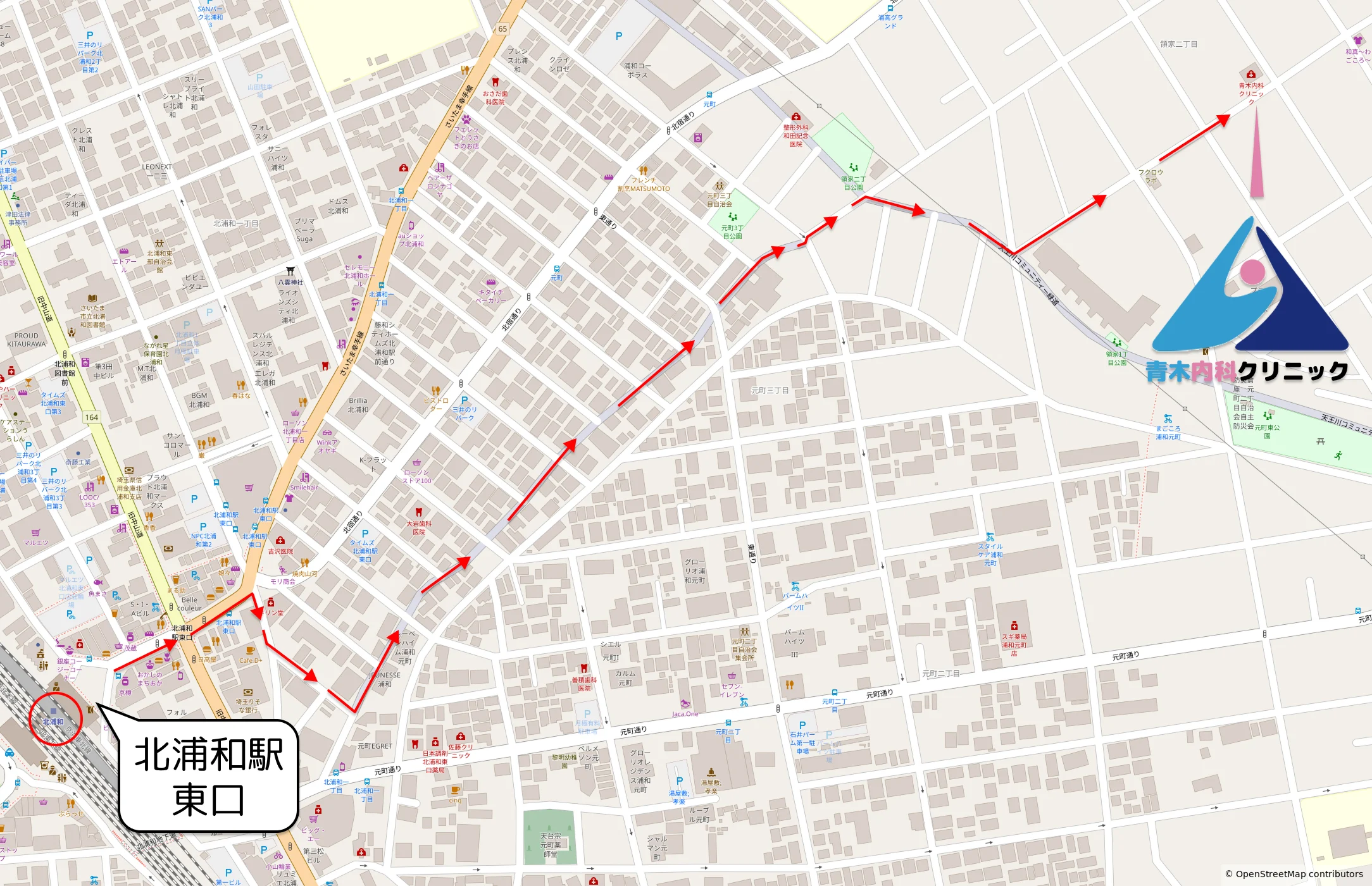 北浦和駅東口からクリニックまでの徒歩の道順を示した地図